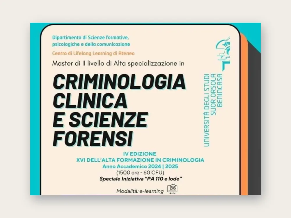 Locandina del Master di II livello in Criminologia clinica e scienze forensi dell'Università Suor Orsola Benincasa